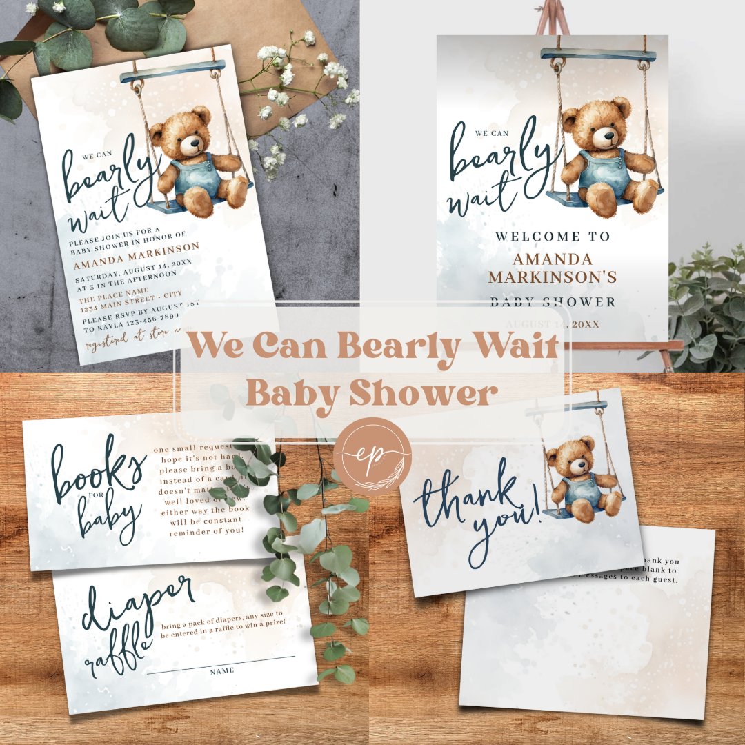 We Can Bearly Wait Denim Teddy Bear Baby Shower Invitation | Zazzle