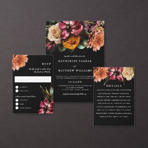 Dark + Moody Elegant Floral Black Wedding Invitation | Zazzle