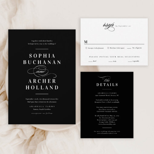 Elegant Calligraphy Black and White Wedding Invitation | Zazzle