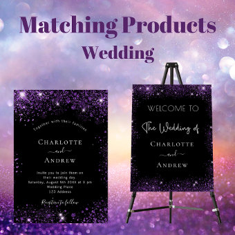 Black purple glitter sparkles elegant wedding all in one invitation ...