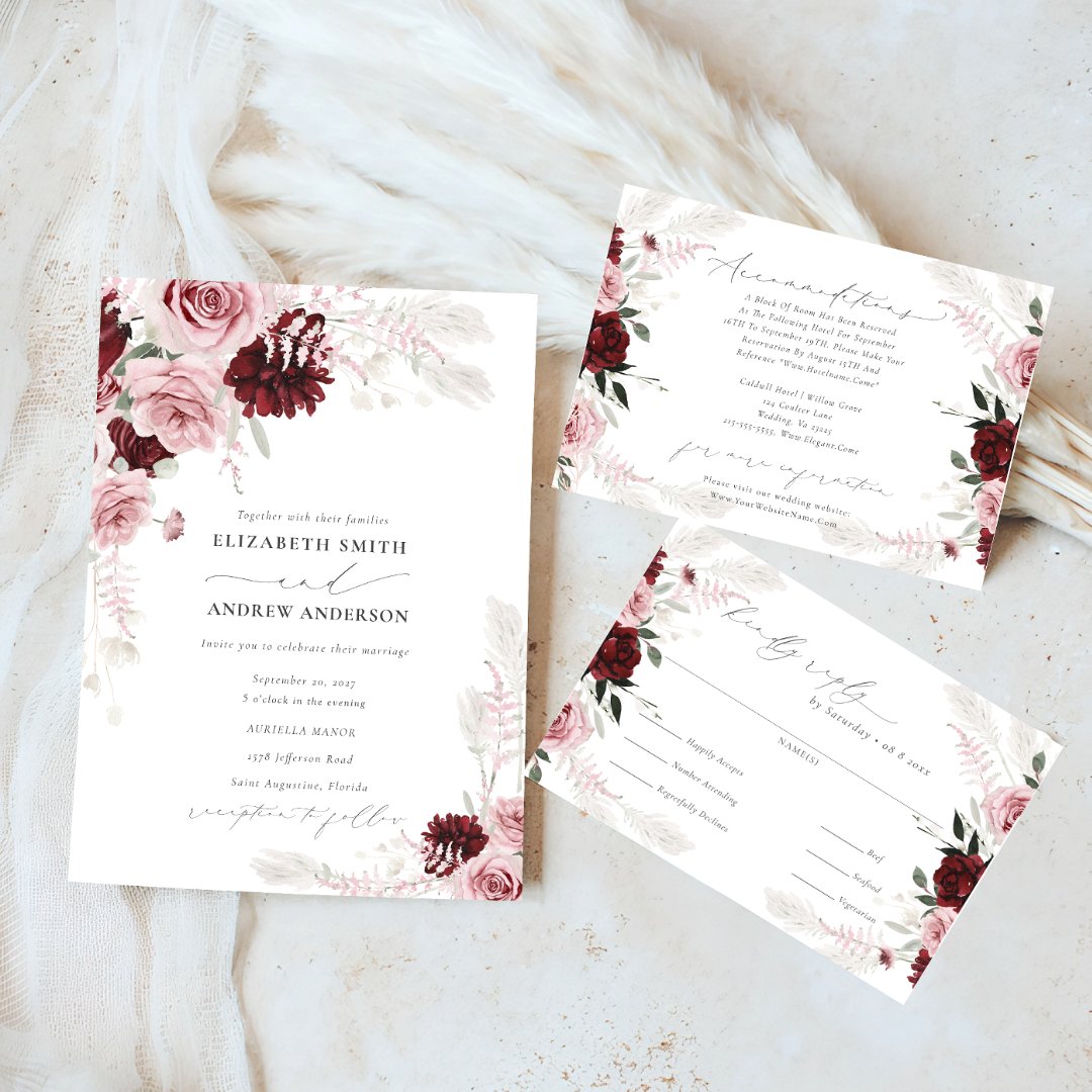 Burgundy Blush Pink Roses Floral QR Code Wedding Invitation | Zazzle