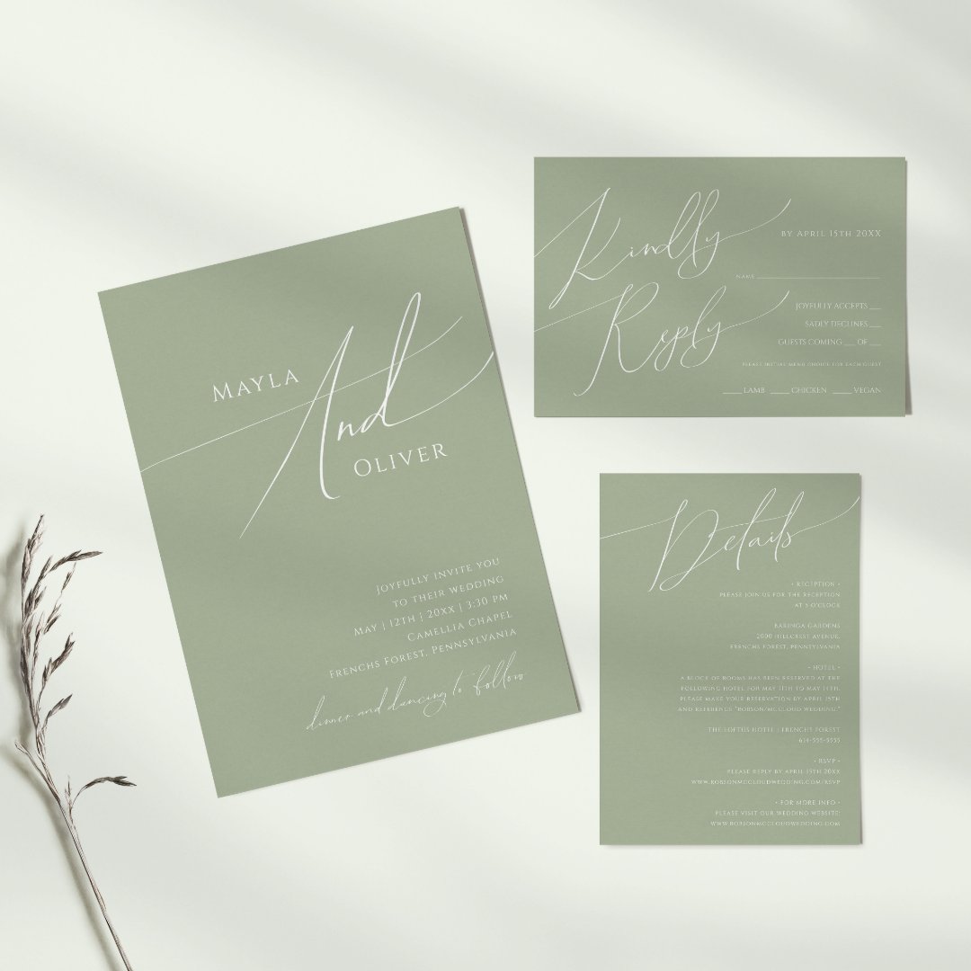 Whimsical Script | Sage Green Square Wedding Invitation | Zazzle