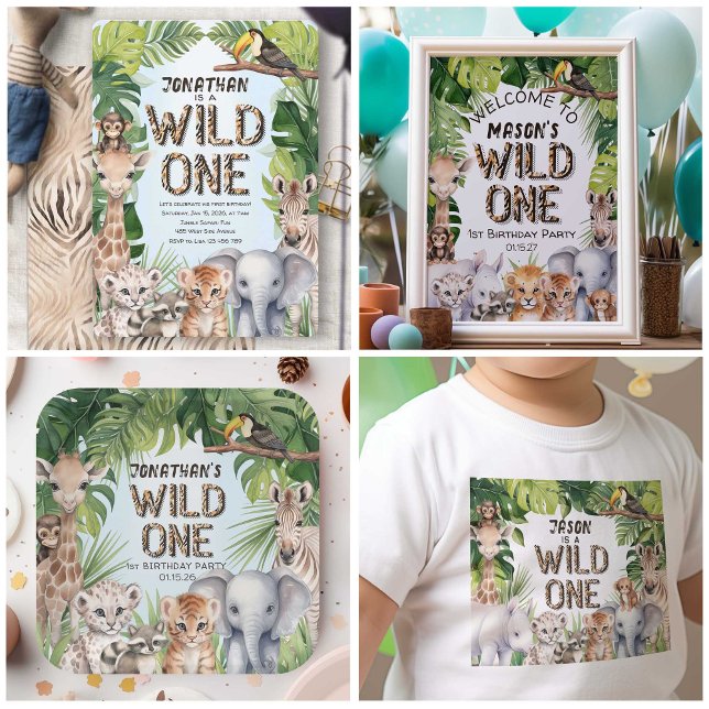 Wild one Safari themed 1st birthday photo Invitation