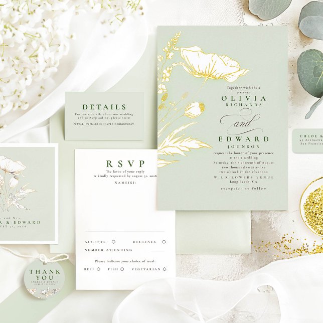 Gold Wildflowers Sage Green Elegant Baby Shower Invitation
