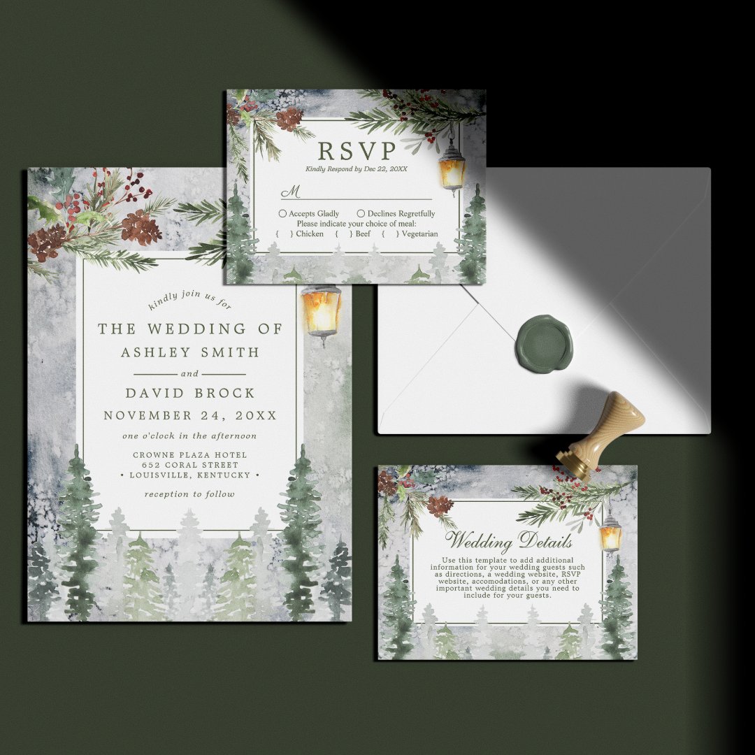 Winter Rustic Pine Trees Botanical Lantern Wedding Invitation | Zazzle