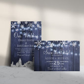 Snowflakes barn blue wood winter rustic wedding invitation