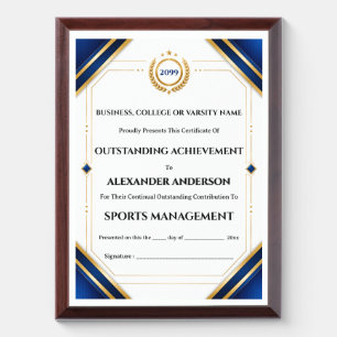 College certificate blue gold editable achievement award plaque