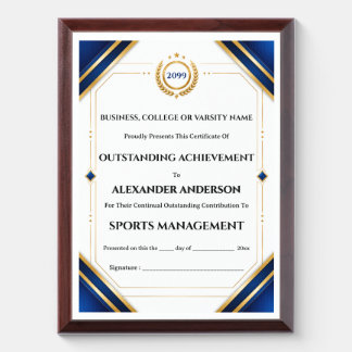 College certificate blue gold editable achievement award plaque