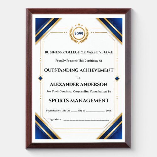 College certificate blue gold editable achievement award plaque