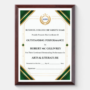 College certificate green gold DIY achievement Award Plaque