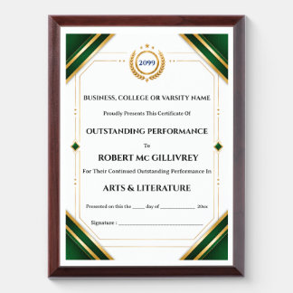 College certificate green gold DIY achievement Award Plaque