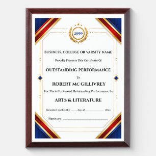 College certificate red blue DIY achievement Award Plaque