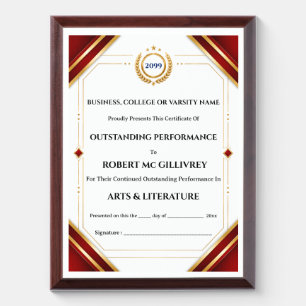 College certificate red gold editable achievement award plaque