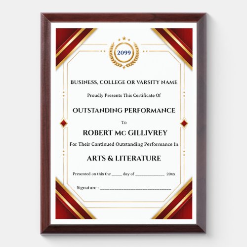 College certificate red gold editable achievement award plaque