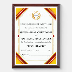 College certificate yellow red gold achievement award plaque
