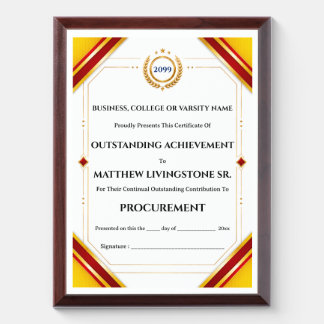 College certificate yellow red gold achievement award plaque