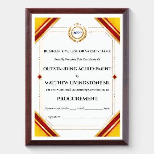 College certificate yellow red gold achievement award plaque