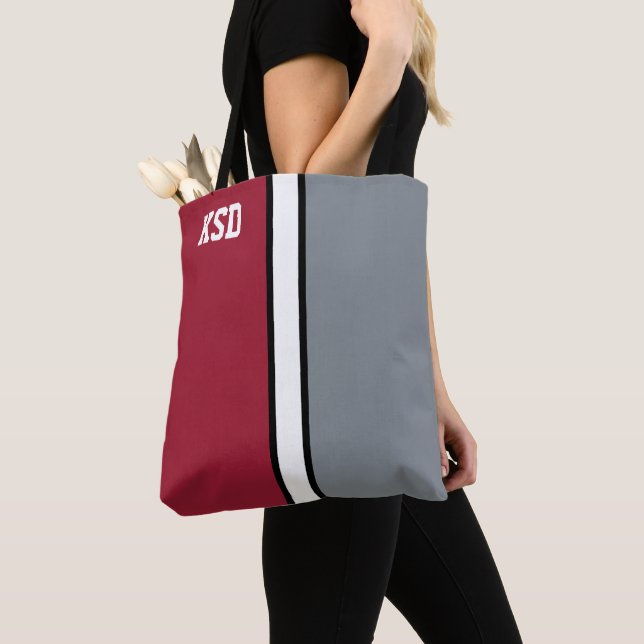 College Colors Crimson Red, Gray & White Monogram  Tote Bag (Close Up)