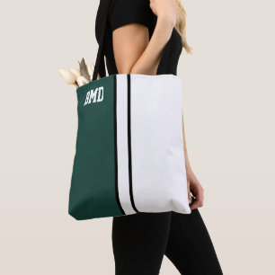 College Colors Dark Green & White Monogram Tote Bag