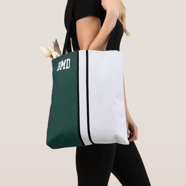 College Colors Dark Green & White Monogram  Tote Bag (Close Up)