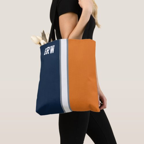 College Colors Navy Blue  Orange Monogram  Tote Bag