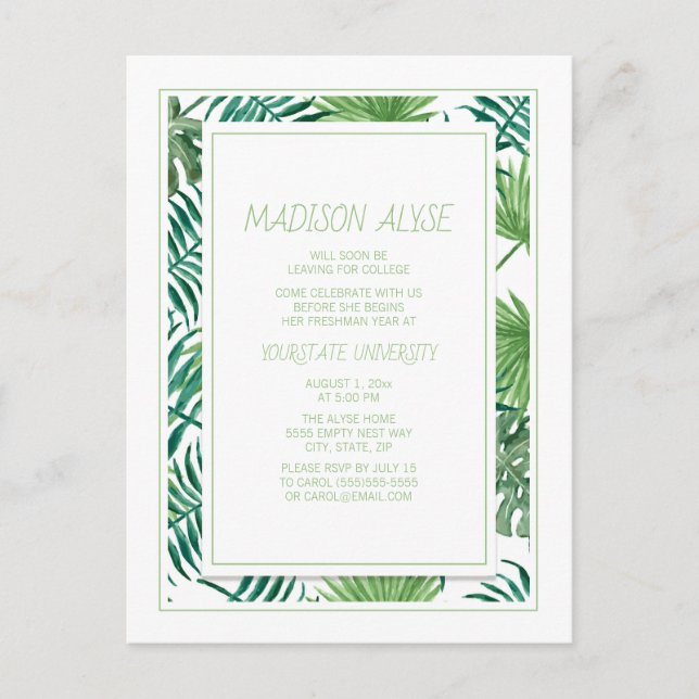 College Dorm Trunk Party Tropical Leaves White Invitation Postcard (Front)