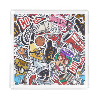 College Fun, Colorful Vintage Pattern Acrylic Tray