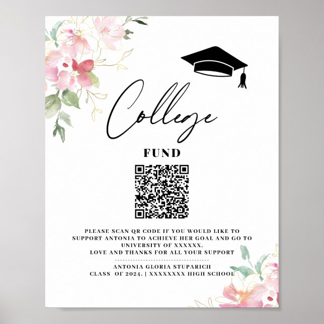 College fund floral graduation printable sign (Front)