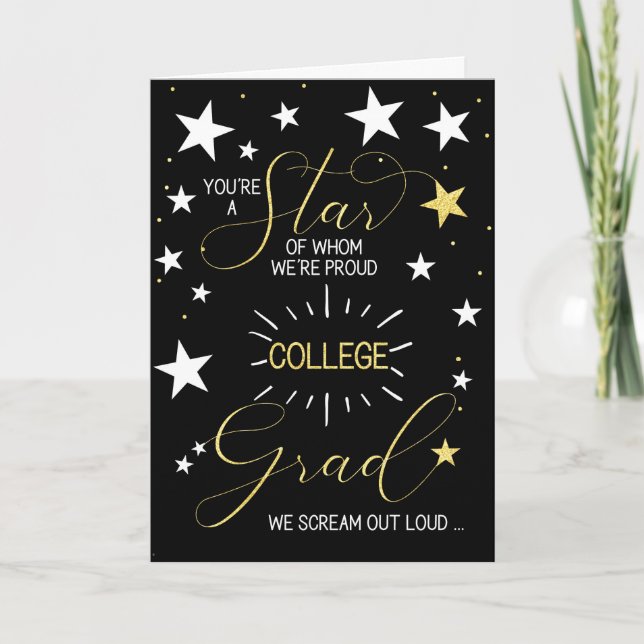 College Graduate Black Gold Stars Typography Card (Front)