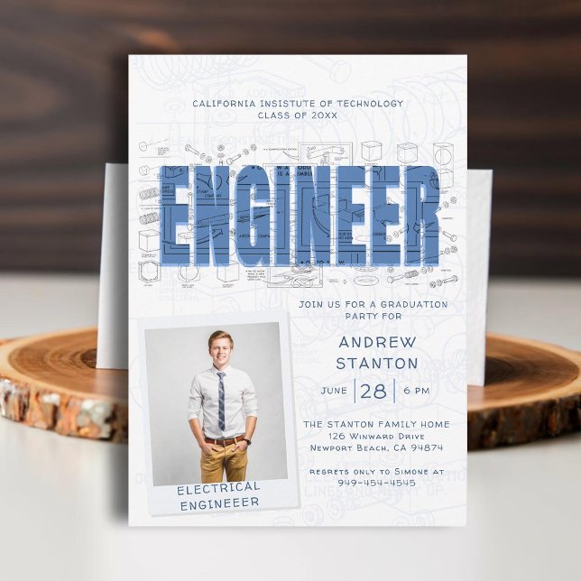 College Graduation Party Engineer Technology Blue Invitation (college grad engineering engineer graduation ceremony party invitation white blue technical science)