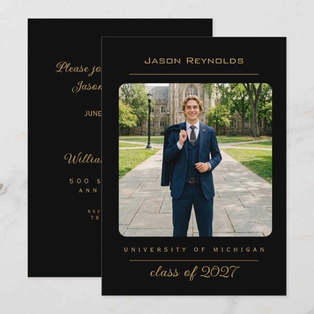 College Luxe Black Invitation (Front/Back)