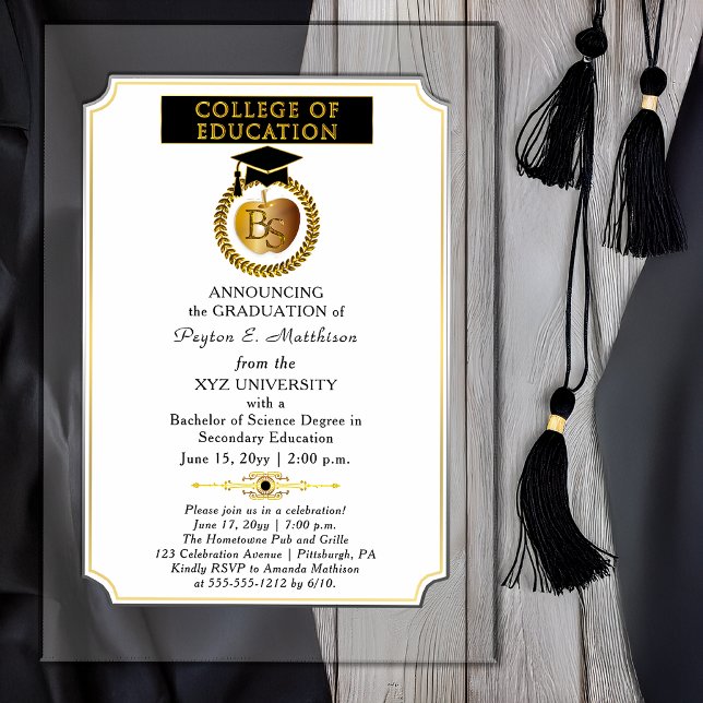 College of Education Degree Gold Apple Graduation Acrylic Invitations (Elegant Formal College of Education Gold Apple BS Degree Graduation Acrylic Invitation)