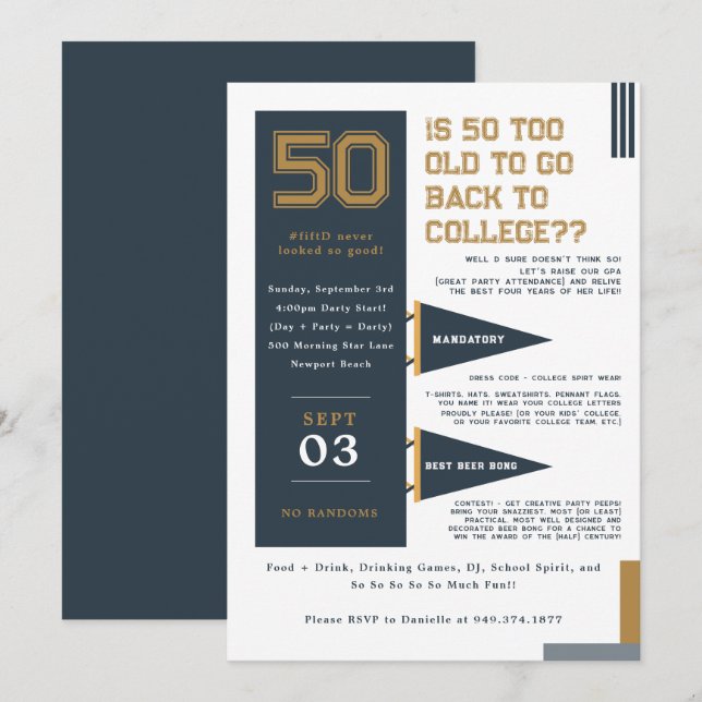 College Pennants | Blue & Gold 50th Birthday Invitation (Front/Back)