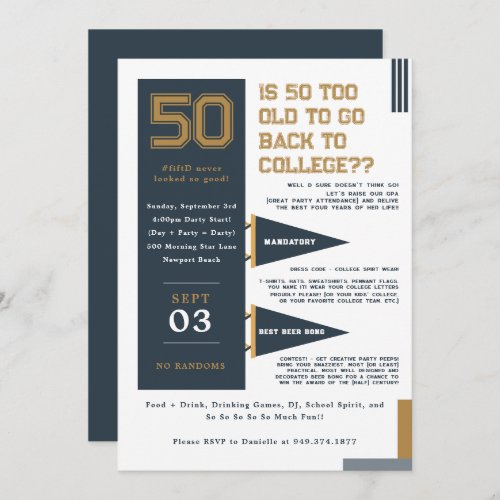 College Pennants  Blue  Gold 50th Birthday Invitation