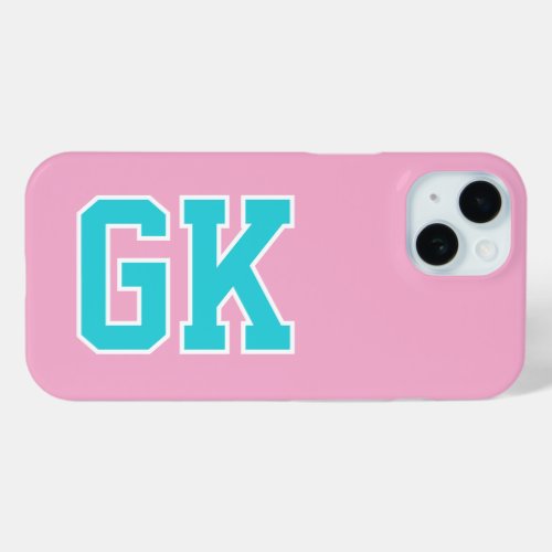 College Pink Turquoise Varsity Monogram Initials iPhone 15 Case