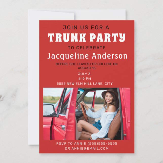 College Trunk Party Dorm Shower Red Photo  Invitation (Front)