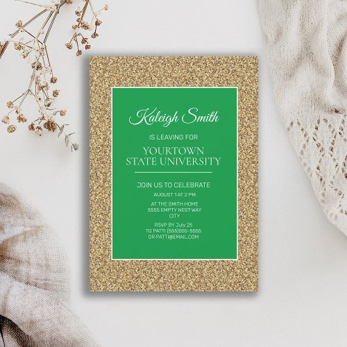 College Trunk Party Elegant Gold Glitter Green Invitation