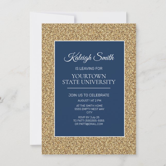 College Trunk Party Elegant Gold Glitter Navy Blue Invitation (Front)