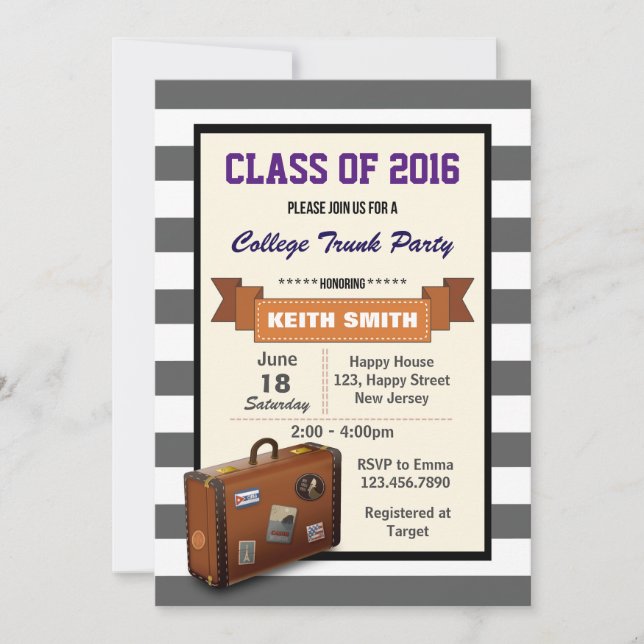 College Trunk Party Invitation. Graduation Party Invitation (Front)