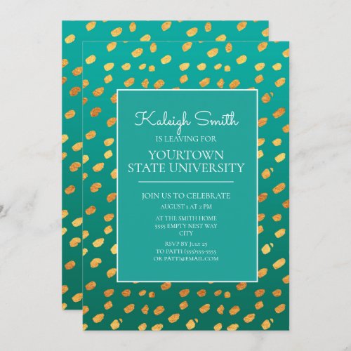 College Trunk Party Modern Green Teal Gold Invitation