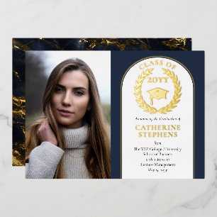 College University Photo Dk Blue Gold Graduation Foil Invitation