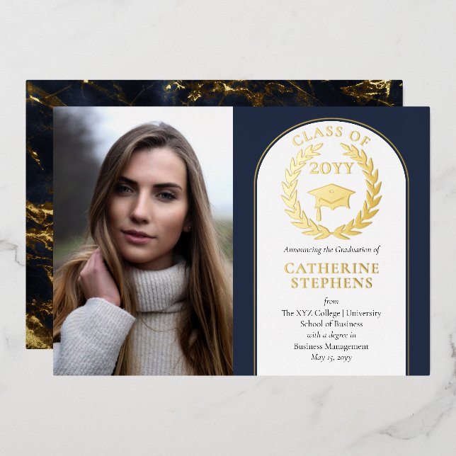 College | University Photo Dk Blue Gold Graduation Foil Invitation (Front/Back)