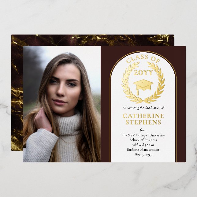 College | University Photo Maroon Gold Graduation Foil Invitation (Front/Back)
