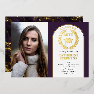 College University Photo Purple Gold Graduation Foil Invitation