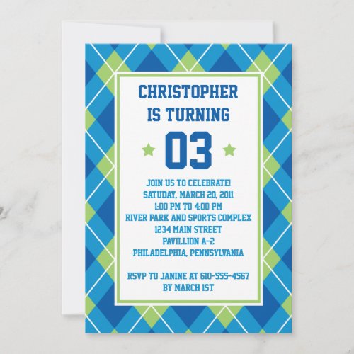 Collegiate Style Blue &amp; Green Argyle 5X7 Birthday Personalized Invitations