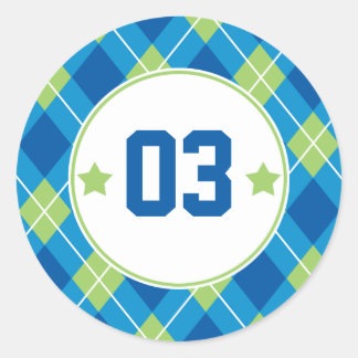 Collegiate Style Blue & Green Argyle Personalized Classic Round Sticker