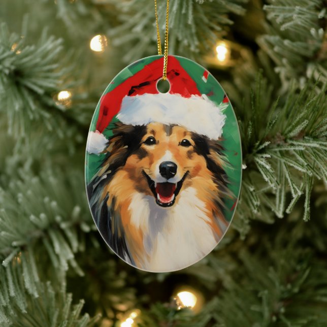 Collie Christmas brush painting artwork Ceramic Ornament (Tree)