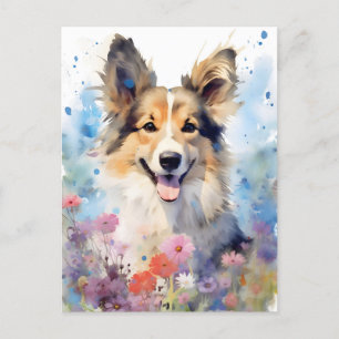 Collie colorful watercolor artwork postcard