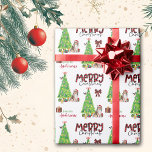 Collie Dog, Bird and Christmas Tree Wrapping Paper<br><div class="desc">The repeated pattern on this cute Christmas wrapping paper is an image of a beautiful Collie Dog wearing a red and white Santa hat. The dog sits among brightly wrapped gift packages beside a decorated Christmas tree. A bullfinch bird is landing on the tree behind it. Stylized red and black...</div>