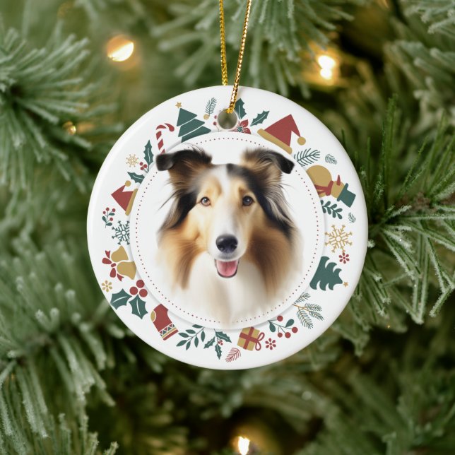 Collie Dog Christmas Images Wreath Ceramic Ornament (Tree)